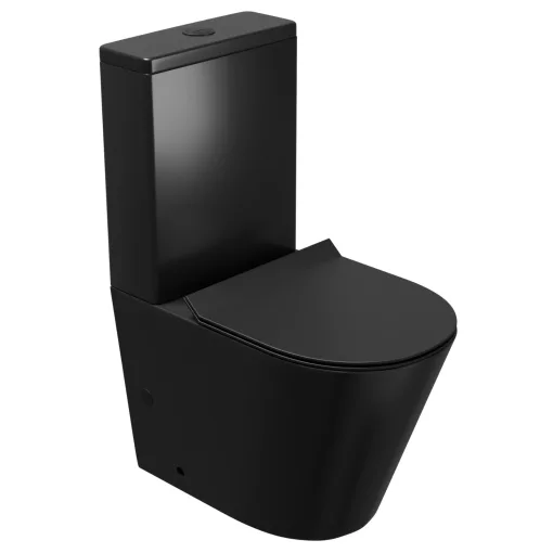 HD Dream Matt Black perem nélküli mély öblítésű íves fekete monoblokkos WC hátsó kifolyású slim "F" tetővel és matt fekete kiegészítőkkel + tartály