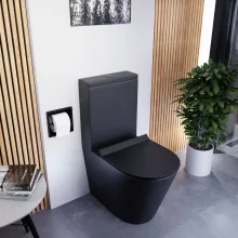 HD Dream Matt Black perem nélküli mély öblítésű íves fekete monoblokkos WC hátsó kifolyású slim "F" tetővel és matt fekete kiegészítőkkel + tartály