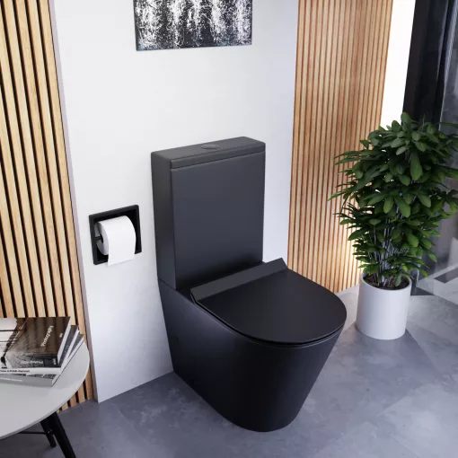 HD Dream Matt Black perem nélküli mély öblítésű íves fekete monoblokkos WC hátsó kifolyású slim "F" tetővel és matt fekete kiegészítőkkel + tartály
