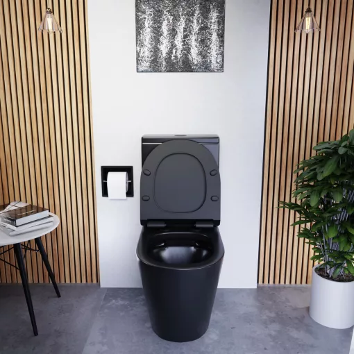 HD Dream Matt Black perem nélküli mély öblítésű íves fekete monoblokkos WC hátsó kifolyású slim "F" tetővel és matt fekete kiegészítőkkel + tartály