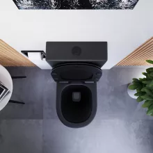 HD Dream Matt Black perem nélküli mély öblítésű íves fekete monoblokkos WC hátsó kifolyású slim "F" tetővel és matt fekete kiegészítőkkel + tartály
