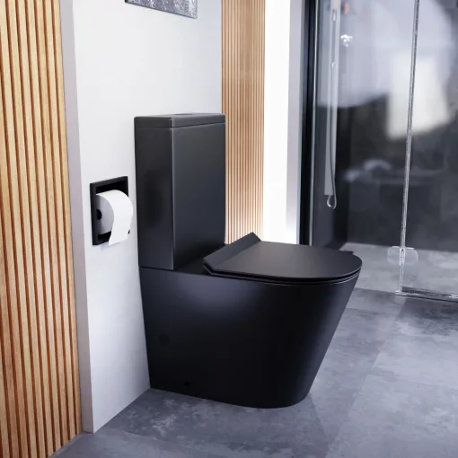 HD Dream Matt Black perem nélküli mély öblítésű íves fekete monoblokkos WC alsó kifolyású slim "F" tetővel és matt fekete kiegészítőkkel + tartály