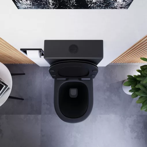 HD Dream Matt Black perem nélküli mély öblítésű íves fekete monoblokkos WC alsó kifolyású slim "F" tetővel és matt fekete kiegészítőkkel + tartály