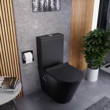 HD Echo Matt Black perem nélküli mély öblítésű íves monoblokkos WC hátsó kifolyású, bidé funkcióval, slim "F" tetővel és krómozott kiegészítőkkel + tartály