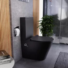 HD Echo Matt Black perem nélküli mély öblítésű íves monoblokkos WC hátsó kifolyású, bidé funkcióval, slim "F" tetővel és krómozott kiegészítőkkel + tartály