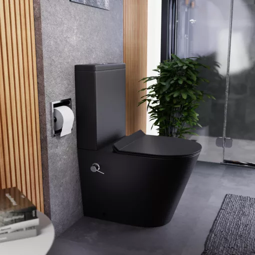 HD Echo Matt Black perem nélküli mély öblítésű íves monoblokkos WC hátsó kifolyású, bidé funkcióval, slim "F" tetővel és krómozott kiegészítőkkel + tartály