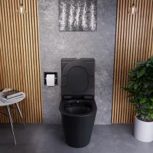 HD Echo Matt Black perem nélküli mély öblítésű íves monoblokkos WC hátsó kifolyású, bidé funkcióval, slim "F" tetővel és krómozott kiegészítőkkel + tartály