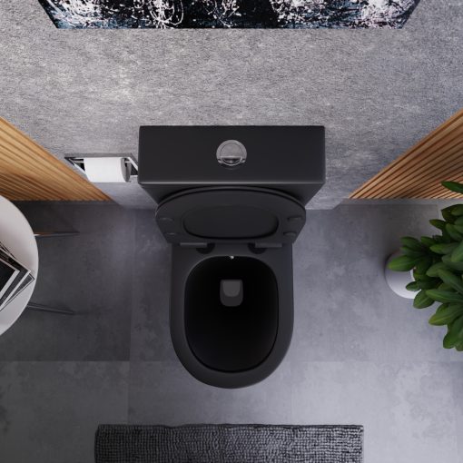 HD Echo Matt Black perem nélküli mély öblítésű íves monoblokkos WC alsó kifolyású, bidé funkcióval, slim "F" tetővel és krómozott kiegészítőkkel + tartály