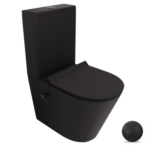 HD Echo Matt Black perem nélküli mély öblítésű íves monoblokkos WC hátsó kifolyású, bidé funkcióval, slim "F" tetővel és matt fekete kiegészítőkkel + tartály