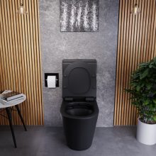 HD Echo Matt Black perem nélküli mély öblítésű íves monoblokkos WC hátsó kifolyású, bidé funkcióval, slim "F" tetővel és matt fekete kiegészítőkkel + tartály