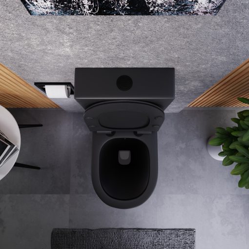 HD Echo Matt Black perem nélküli mély öblítésű íves monoblokkos WC hátsó kifolyású, bidé funkcióval, slim "F" tetővel és matt fekete kiegészítőkkel + tartály