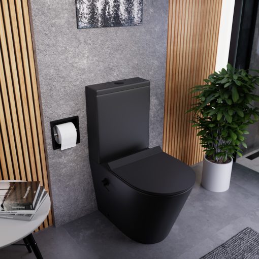 HD Echo Matt Black perem nélküli mély öblítésű íves monoblokkos WC alsó kifolyású, bidé funkcióval, slim "F" tetővel és matt fekete kiegészítőkkel + tartály