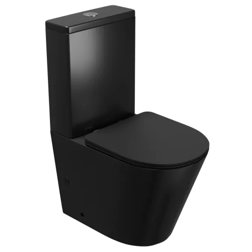 HD Dream Matt Black perem nélküli mély öblítésű íves fekete monoblokkos WC hátsó kifolyású slim "P" tetővel és fényes króm kiegészítőkkel + tartály