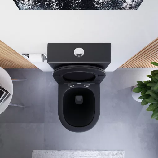 HD Dream Matt Black perem nélküli mély öblítésű íves fekete monoblokkos WC hátsó kifolyású slim "P" tetővel és fényes króm kiegészítőkkel + tartály