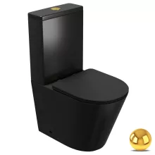 HD Dream Matt Black perem nélküli mély öblítésű íves fekete monoblokkos WC hátsó kifolyású slim "P" tetővel és fényes arany kiegészítőkkel + tartály