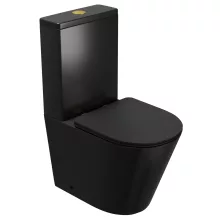 HD Dream Matt Black perem nélküli mély öblítésű íves fekete monoblokkos WC hátsó kifolyású slim "P" tetővel és fényes arany kiegészítőkkel + tartály