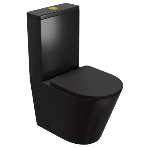 HD Dream Matt Black perem nélküli mély öblítésű íves fekete monoblokkos WC hátsó kifolyású slim "P" tetővel és fényes arany kiegészítőkkel + tartály