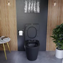 HD Dream Matt Black perem nélküli mély öblítésű íves fekete monoblokkos WC hátsó kifolyású slim "P" tetővel és fényes arany kiegészítőkkel + tartály