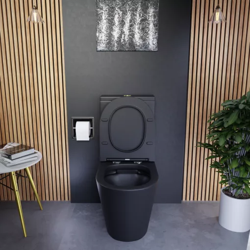 HD Dream Matt Black perem nélküli mély öblítésű íves fekete monoblokkos WC hátsó kifolyású slim "P" tetővel és fényes arany kiegészítőkkel + tartály