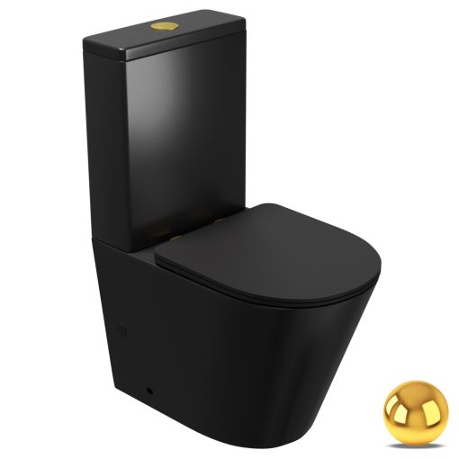 HD Dream Matt Black perem nélküli mély öblítésű íves fekete monoblokkos WC alsó kifolyású slim "P" tetővel és fényes arany kiegészítőkkel + tartály