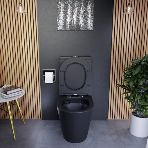 HD Dream Matt Black perem nélküli mély öblítésű íves fekete monoblokkos WC alsó kifolyású slim "P" tetővel és fényes arany kiegészítőkkel + tartály