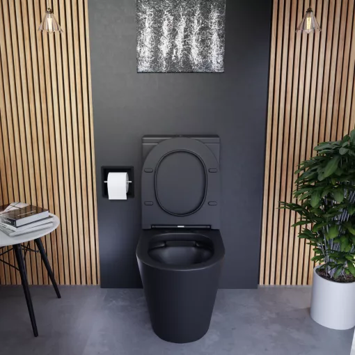 HD Dream Matt Black perem nélküli mély öblítésű íves fekete monoblokkos WC hátsó kifolyású slim "P" tetővel és matt fekete kiegészítőkkel + tartály