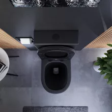 HD Dream Matt Black perem nélküli mély öblítésű íves fekete monoblokkos WC hátsó kifolyású slim "P" tetővel és matt fekete kiegészítőkkel + tartály