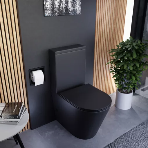 HD Dream Matt Black perem nélküli mély öblítésű íves fekete monoblokkos WC alsó kifolyású slim "P" tetővel és matt fekete kiegészítőkkel + tartály