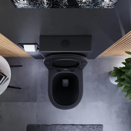 HD Dream Matt Black perem nélküli mély öblítésű íves fekete monoblokkos WC alsó kifolyású slim "P" tetővel és matt fekete kiegészítőkkel + tartály