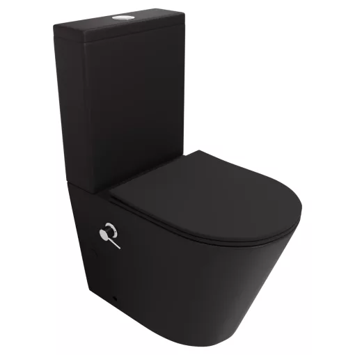 HD Echo Matt Black perem nélküli mély öblítésű íves monoblokkos WC hátsó kifolyású, bidé funkcióval, slim "P" tetővel és krómozott kiegészítőkkel + tartály