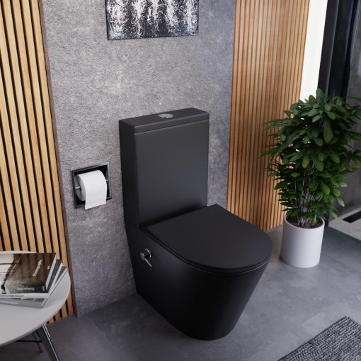 HD Echo Matt Black perem nélküli mély öblítésű íves monoblokkos WC hátsó kifolyású, bidé funkcióval, slim "P" tetővel és krómozott kiegészítőkkel + tartály