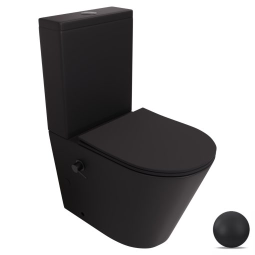 HD Echo Matt Black perem nélküli mély öblítésű íves monoblokkos WC hátsó kifolyású, bidé funkcióval, slim "P" tetővel és matt fekete kiegészítőkkel + tartály