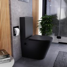 HD Echo Matt Black perem nélküli mély öblítésű íves monoblokkos WC hátsó kifolyású, bidé funkcióval, slim "P" tetővel és matt fekete kiegészítőkkel + tartály