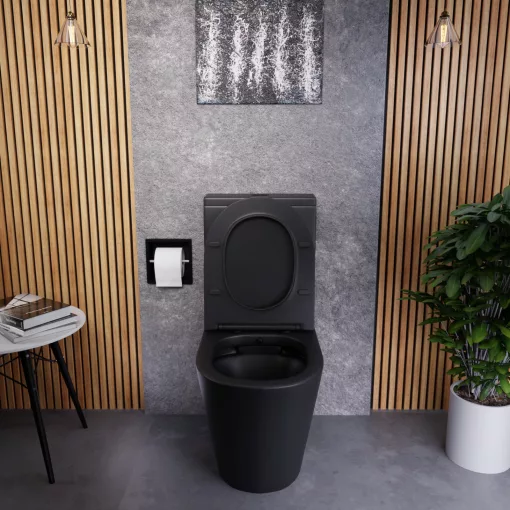 HD Echo Matt Black perem nélküli mély öblítésű íves monoblokkos WC hátsó kifolyású, bidé funkcióval, slim "P" tetővel és matt fekete kiegészítőkkel + tartály