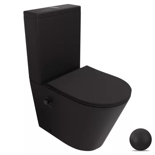 HD Echo Matt Black perem nélküli mély öblítésű íves monoblokkos WC alsó kifolyású, bidé funkcióval, slim "P" tetővel és matt fekete kiegészítőkkel + tartály