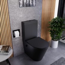 HD Echo Matt Black perem nélküli mély öblítésű íves monoblokkos WC alsó kifolyású, bidé funkcióval, slim "P" tetővel és matt fekete kiegészítőkkel + tartály