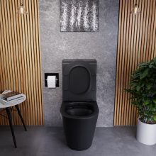 HD Echo Matt Black perem nélküli mély öblítésű íves monoblokkos WC alsó kifolyású, bidé funkcióval, slim "P" tetővel és matt fekete kiegészítőkkel + tartály