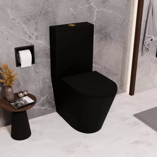 HD Dream Matt Black perem nélküli mély öblítésű íves fekete monoblokkos WC hátsó kifolyású, fényes arany nyomógombbal, tető nélkül + tartály