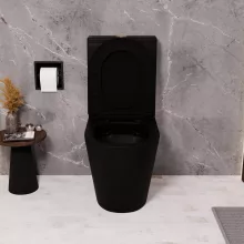 HD Dream Matt Black perem nélküli mély öblítésű íves fekete monoblokkos WC hátsó kifolyású, fényes arany nyomógombbal, tető nélkül + tartály