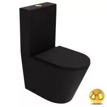 HD Dream Matt Black perem nélküli mély öblítésű íves fekete monoblokkos WC alsó kifolyású, fényes arany nyomógombbal, tető nélkül + tartály