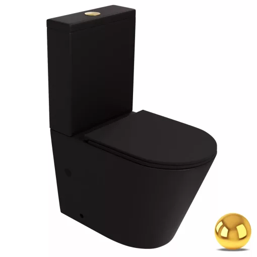 HD Dream Matt Black perem nélküli mély öblítésű íves fekete monoblokkos WC alsó kifolyású, fényes arany nyomógombbal, tető nélkül + tartály