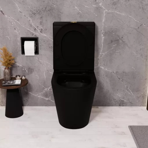 HD Dream Matt Black perem nélküli mély öblítésű íves fekete monoblokkos WC alsó kifolyású, fényes arany nyomógombbal, tető nélkül + tartály