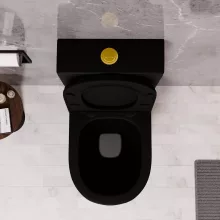 HD Dream Matt Black perem nélküli mély öblítésű íves fekete monoblokkos WC alsó kifolyású, fényes arany nyomógombbal, tető nélkül + tartály
