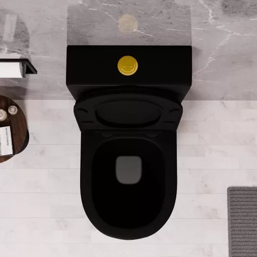 HD Dream Matt Black perem nélküli mély öblítésű íves fekete monoblokkos WC alsó kifolyású, fényes arany nyomógombbal, tető nélkül + tartály