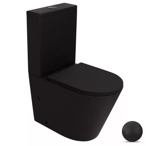 HD Dream Matt Black perem nélküli mély öblítésű íves fekete monoblokkos WC hátsó kifolyású, matt fekete nyomógombbal, tető nélkül + tartály