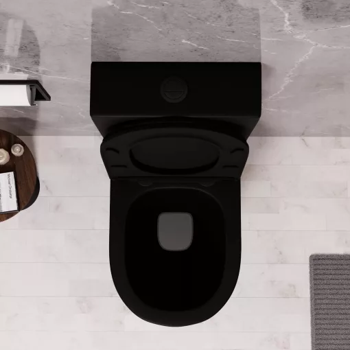 HD Dream Matt Black perem nélküli mély öblítésű íves fekete monoblokkos WC hátsó kifolyású, matt fekete nyomógombbal, tető nélkül + tartály