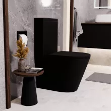 HD Dream Matt Black perem nélküli mély öblítésű íves fekete monoblokkos WC alsó kifolyású, matt fekete nyomógombbal, tető nélkül + tartály