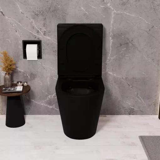 HD Dream Matt Black perem nélküli mély öblítésű íves fekete monoblokkos WC alsó kifolyású, matt fekete nyomógombbal, tető nélkül + tartály