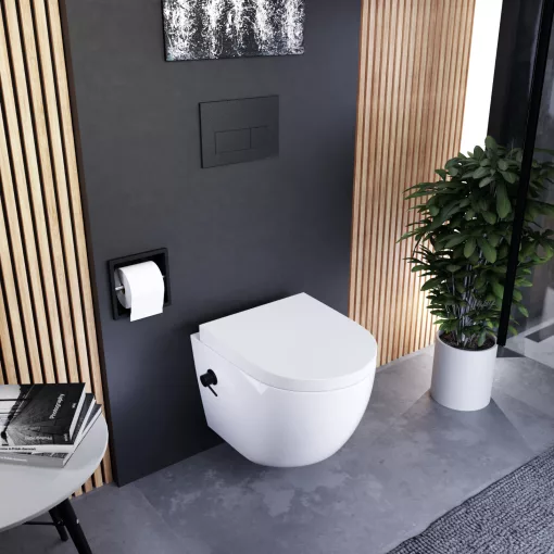 HD Vario White perem nélküli mély öblítésű íves fali WC, bidé funkcióval, compact "A" tetővel és matt fekete zsanérral