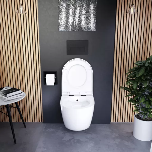 HD Vario White perem nélküli mély öblítésű íves fali WC, bidé funkcióval, compact "A" tetővel és matt fekete zsanérral